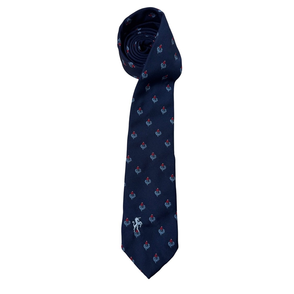 Vintage Bronzini Mens Navy Blue Unicorn Crest Pattern Tie Polyester Preppy USA
